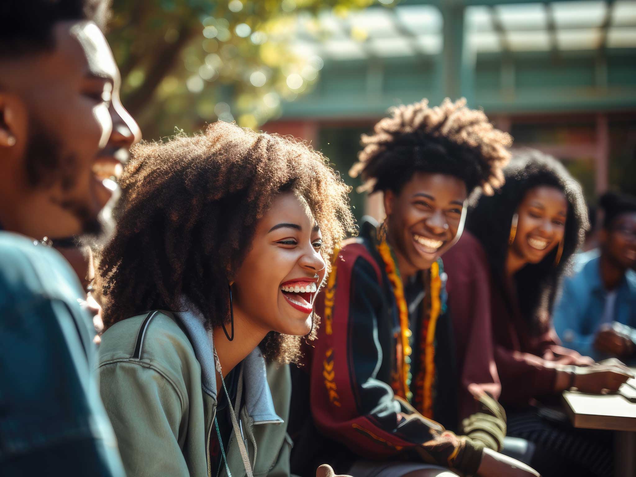 A group of young people laughing together outdoors