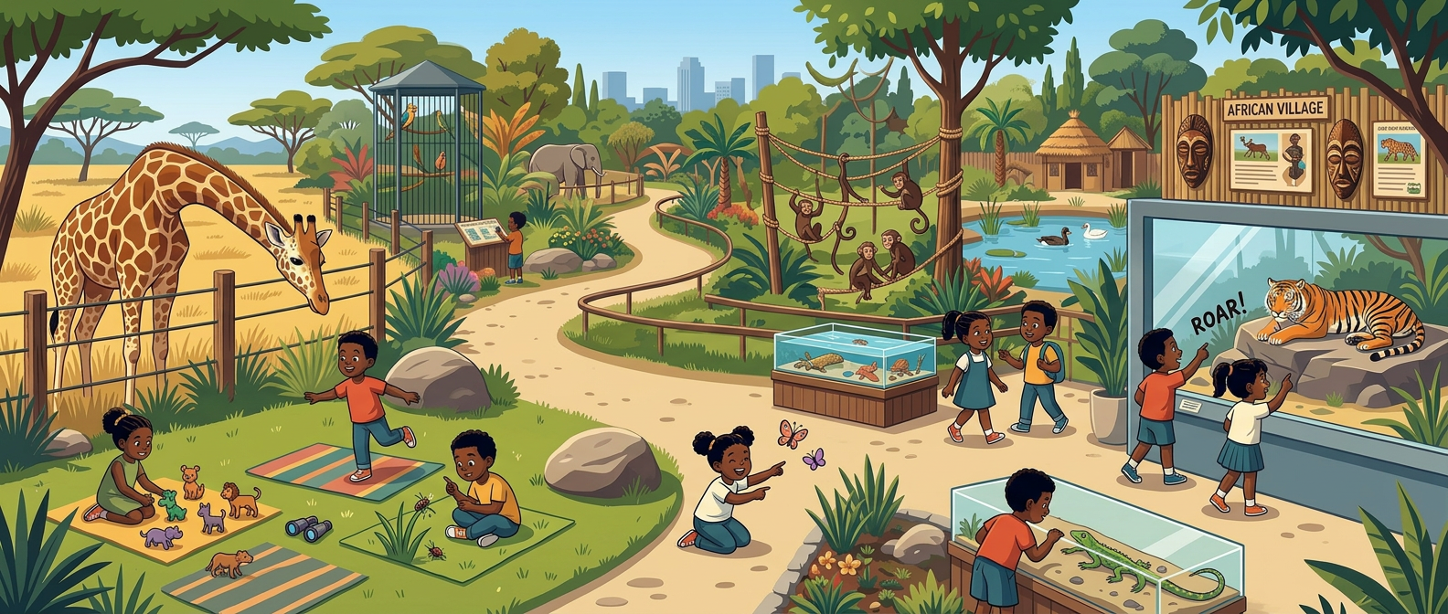 Children exploring animal habitats at the zoo