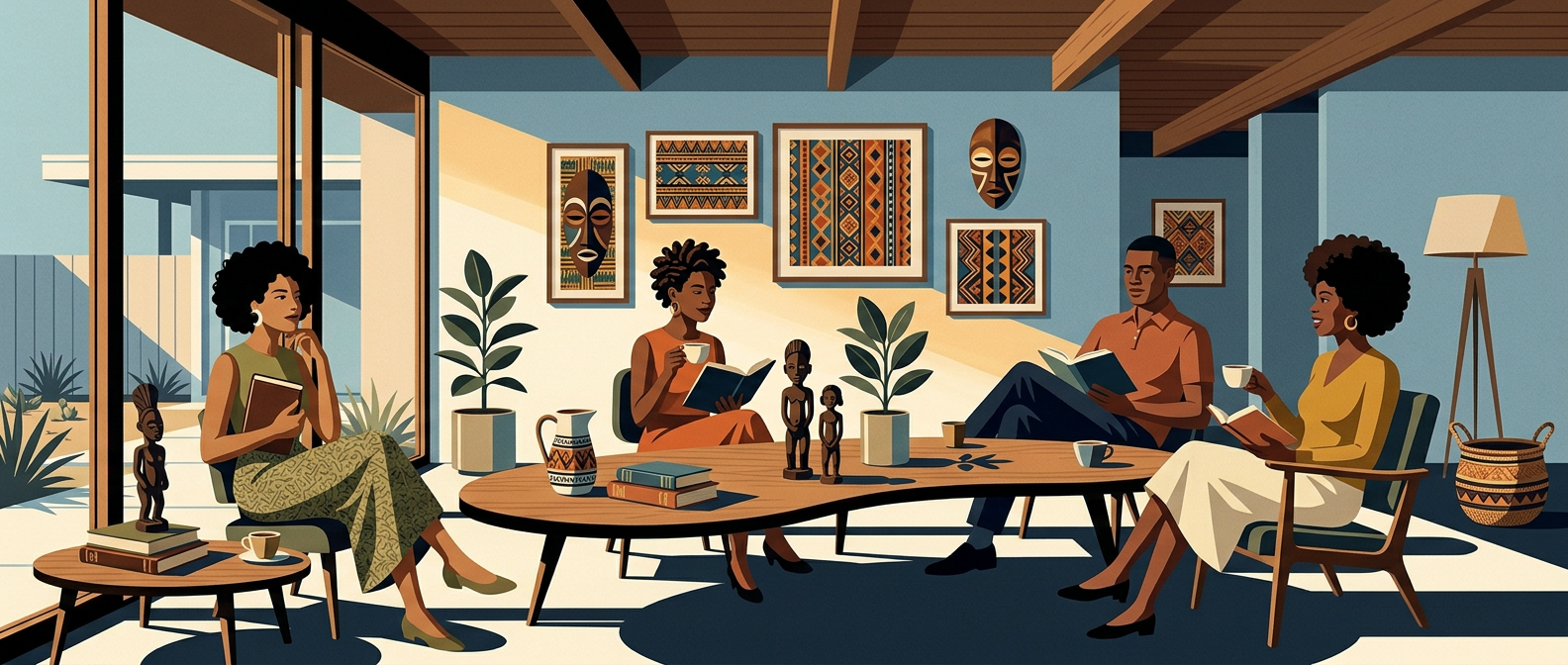Illustration of a book club reading and sharing conversation